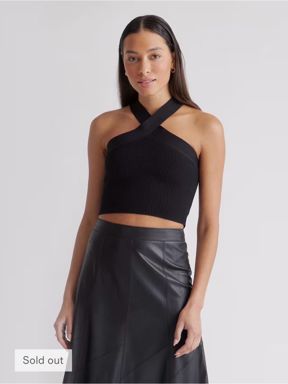 Quince Cropped Halter Ribbed Knit Tank - Black
